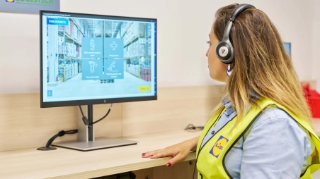 Collega svolge formazion e-learning in sala dedicata in magazzino
